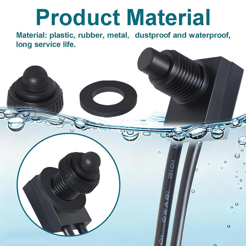 Gephynm 2PCS Waterproof Switch 12v, ON/Off SPST Waterproof Push Button Switch with 4.6 inch Lines for Auto, Motorcycle, RV, ATV and Boat (Black) KP-107 - Image 5